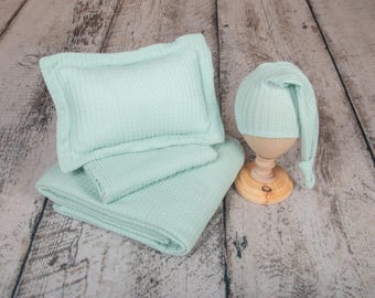 Mint Waffle Knit Newborn Photography Props: Backdrop, Wrap, Pillow, Cap