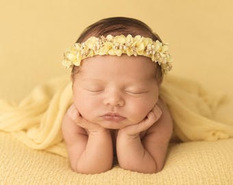 Halo Wreath Newborn Headband: Yellow and Off-White, Real Dried Flowers, Newborn photography prop