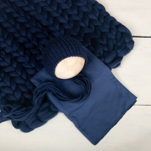 Navy Blue Knit Baby Blanket Prop Set: Merino Wool Bonnet & Wrap