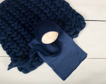 Navy Blue Knit Baby Blanket Prop Set: Merino Wool Bonnet & Wrap