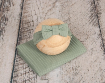 Bow headband and Stretchy Wrap Set: Sage Green color, Newborn Photography Prop