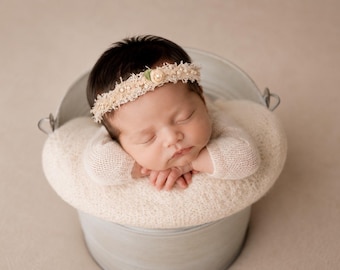 Newborn Boho Shabby Chic Tie back Headband, Cream colors, photography props