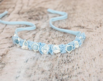 Newborn Boho Shabby Chic Tie back Ribbon Headband: Baby Blue and White colors, photography prop