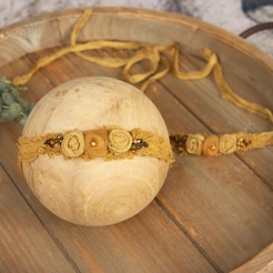 Newborn Boho Shabby Chic Tie back Headband, Mustard colors, photography props