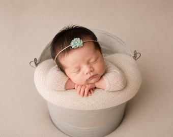 Tie-Back Jute headband: Seafoam color, Beaded, Newborn photography prop