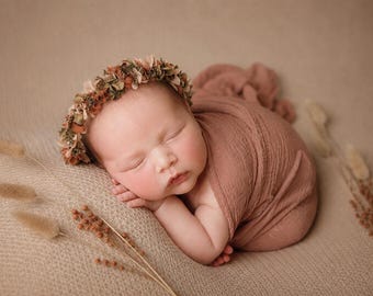 Halo Wreath Woodsy headband with Sage, rust and Blush flowers, Newborn photography prop