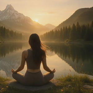 Op de afbeelding: Een persoon in een yogahouding, met uitzicht op een serene meer- en berglandschap bij zonsondergang. De persoon draagt een bijpassende bruine sport-bh en legging. De sc&egrave;ne omvat een kalm meer, weelderige groene bomen en een besneeuwde bergtop.