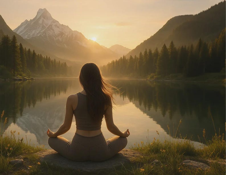 Op de afbeelding: Een persoon in een yogahouding, met uitzicht op een serene meer- en berglandschap bij zonsondergang. De persoon draagt een bijpassende bruine sport-bh en legging. De sc&egrave;ne omvat een kalm meer, weelderige groene bomen en een besneeuwde bergtop.