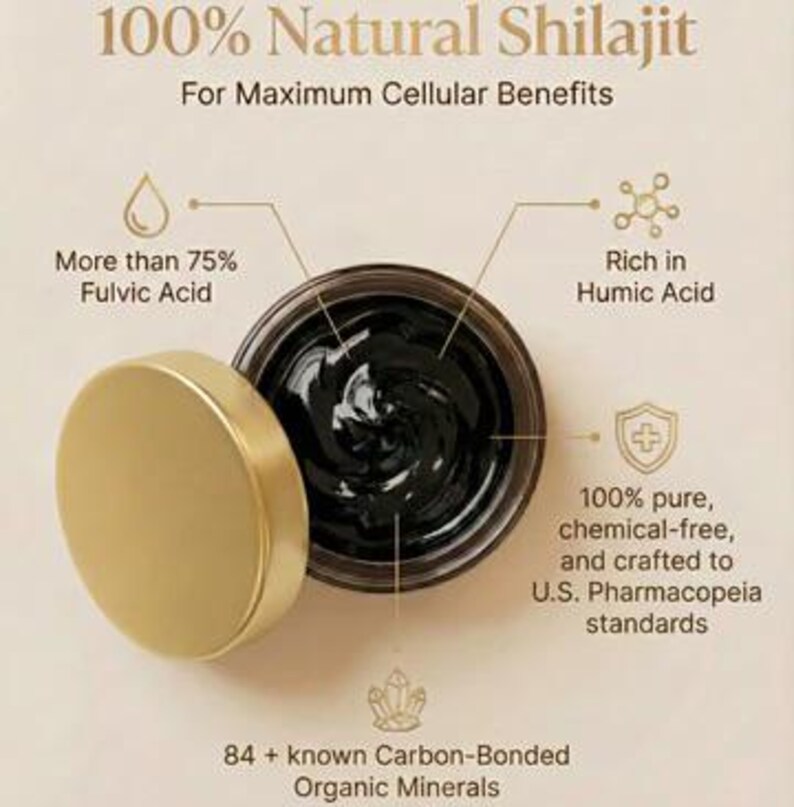 Op de afbeelding: Een pot zwarte Shilajit met een gouden deksel, met het label "100% Natural Shilajit". De afbeelding benadrukt de samenstelling van het product, waaronder meer dan 75% fulvinezuur, rijk aan huminezuur en 84+ organische mineralen.