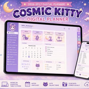 May include: A 2026-2027 Cosmic Kitty digital planner displayed on a tablet and smartphone. The interface features purple galaxy themes, cat illustrations, and sections for goals, habits, finance, health, and daily planning. Includes icons for yearly, monthly, weekly, and daily views, plus notes, projects, and study trackers.