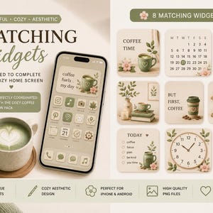 Op de afbeelding: Een digitale set van 8 bijpassende widgets voor een smartphone-startscherm met een koffiethema in saliegroen en crèmetinten. De weergave bevat een kalender, klok en teksten zoals coffee fuels my day en focus plan grow.