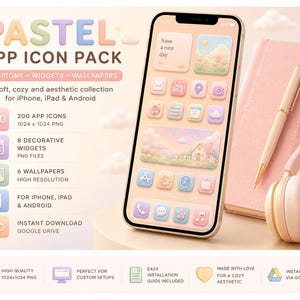 May include: A digital app icon pack featuring pastel-colored icons, widgets, and wallpapers for mobile devices. The display shows a smartphone screen with a soft-toned interface, a pink notebook, a gold pen, and light pink headphones nearby.