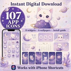 Könnte beinhalten: Ein digitales Download-Set mit 107 App-Symbolen, 8 Widgets, 6 Hintergrundbildern und einer Installationsanleitung. Das Thema ist lila mit einer weißen Katze, Planeten, Sternen und Monden. Ein Smartphone zeigt die Symbole, Text Instant Digital Download.