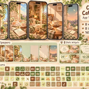 Könnte beinhalten: Ein App-Icon-Paket mit dem Titel Cozy Cat Café, das 8 Hintergrundbilder, 8 statische Widgets und 160 Icons enthält. Das Design verwendet eine sanfte grün-braune Farbpalette mit Illustrationen von Katzen, Kaffee und gemütlichen Innenräumen.