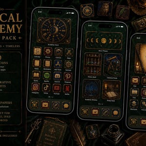 May include: A digital app icon pack titled Magical Academy featuring dark, ornate themes. The set includes 200 app icons, 8 decorative widgets, and 6 wallpapers displayed on three smartphones, showcasing clock, moon phase, and parchment quote designs.