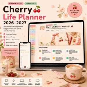 May include: A digital Cherry Life Planner 2026-2027 displayed on a laptop and smartphone screen. The interface features a planner index, cherry illustrations, and pastel color schemes. The text includes Cherry Life Planner 2026-2027, Planner Index, and various organizational categories like Yearly Overview, Monthly Planner, and Daily Planner.