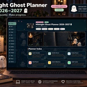 Puede incluir: Un planificador digital Midnight Ghost Planner 2026-2027 mostrado en la pantalla de un portátil. La interfaz presenta un tema oscuro con iconos de fantasmas, un índice y secciones para la planificación anual, mensual y diaria, metas y hábitos.