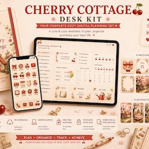 May include: A Cherry Cottage digital desk kit featuring a spiral-bound planner, a smartphone, and a tablet displaying app icons, widgets, and wallpapers. The set includes 107 app icons, 40 scene icons, 8 widgets, and 6 wallpapers with cherry motifs.