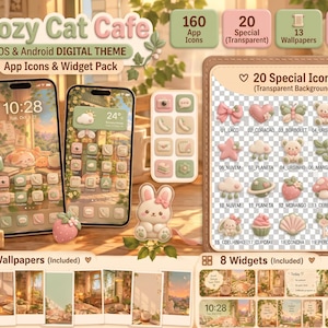 May include: A digital theme pack titled Cozy Cat Cafe for iOS and Android, featuring 160 app icons, 20 transparent special icons, 13 wallpapers, and 8 widgets. The set displays pastel-coloured graphics of bows, hearts, animals, and nature.