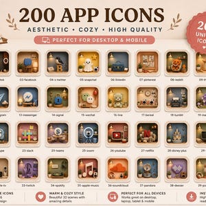 Könnte beinhalten: Eine Sammlung von 200 App-Icons mit 3D-Raumszenen, warmer Beleuchtung und verschiedenen Objekten. Das Raster zeigt Icons von 01 bis 40, einschließlich Social-Media- und Unterhaltungslogos. Der Text lautet 200 APP ICONS und 200 UNIQUE ICONS.