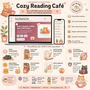 Könnte beinhalten: Eine digitale Produktpräsentation für Cozy Reading Café, mit einem Laptop und Smartphone, die eine Lese-Tracking-Oberfläche mit Katzenillustrationen, Text und Symbolen zum Verfolgen von Büchern, Sammeln von Belohnungen und Organisieren von Sammlungen zeigt.