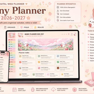 May include: A digital web planner titled Bunny Planner 2026-2027 displayed on a laptop and smartphone screen. The interface features pastel pink tones, bunny illustrations, and sections for yearly, monthly, weekly, and daily planning, habit tracking, and project management.