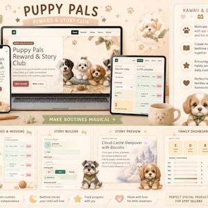 Puede incluir: Una interfaz digital para el Puppy Pals Reward & Story Club mostrada en un teléfono inteligente, computadora portátil y tableta. Las pantallas muestran seguimiento de recompensas, creación de historias y un panel familiar.