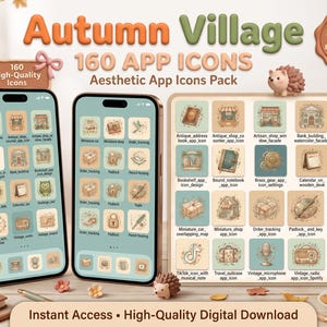 Autumn Village App Icons Bundle, Cottagecore Watercolor Theme (Digital Download)