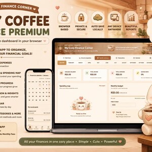 Puede incluir: Un panel de finanzas digital titulado My Cozy Finance Corner en una laptop y un teléfono inteligente. La interfaz en tonos beige incluye iconos para rastrear ingresos, gastos y presupuestos, junto a un personaje de dibujos animados.