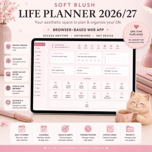 May include: A soft blush 2026/27 life planner web app displayed on a tablet screen. The interface features sections for daily focus, habit streaks, and finance tracking. The layout includes icons for calendar, goals, and projects, with a pink color scheme.