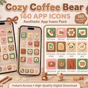 Puede incluir: Una pantalla de producto digital con el texto Cozy Coffee Bear 160 APP ICONS. Dos teléfonos inteligentes y una cuadrícula rectangular muestran iconos de aplicaciones en tonos marrones, rosas y verdes con osos y símbolos.