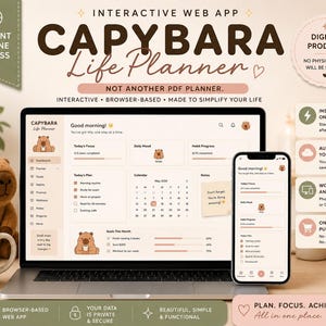Application web de planification de vie numérique | Thème Capybara mignon | Suivi des habitudes quotidiennes et planification des objectifs | Aucun téléchargement requis |