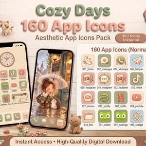 May include: A digital pack of 160 app icons titled Cozy Days, featuring soft pastel colors, rounded square shapes, and various social media and utility symbols. Two smartphones display these icons on home screens alongside a grid of the icon set.