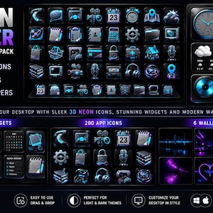 Könnte beinhalten: Ein digitales Desktop-Icon-Paket mit dem Titel Neon Cyber, das 200 App-Icons, 8 Widgets und 6 Hintergrundbilder enthält. Die Icons sind schwarz mit leuchtend blauen Neon-Akzenten und zeigen verschiedene Symbole im 3D-Stil.