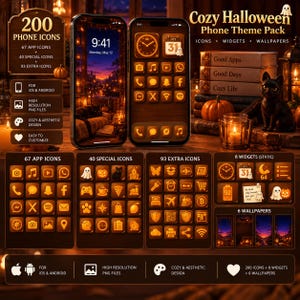 Puede incluir: Un paquete de temas para teléfono titulado Cozy Halloween que incluye 200 iconos, 8 widgets y 6 fondos de pantalla. La pantalla muestra iconos de aplicaciones en tonos naranja, un widget de calendario y un fondo de paisaje al atardecer en dos móviles.