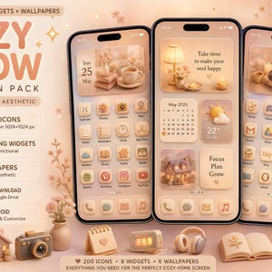 Peut inclure: Un pack d'icônes d'application intitulé COZY GLOW comprenant 200 icônes, 8 widgets et 6 fonds d'écran dans une palette de couleurs pastel. Trois smartphones affichent des écrans d'accueil avec des icônes et widgets assortis. Des objets 3D miniatures comme une maison, un appareil photo et une tasse sont disposés sous les téléphones.