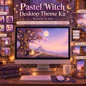 Puede incluir: Un kit de tema de escritorio Pastel Witch para Windows y Mac con iconos de aplicaciones, carpetas, organizadores y fondos de pantalla. La pantalla muestra un paisaje morado y naranja con luna, árbol, gato y fantasma. Taza con texto More Magic Please.