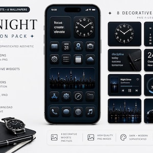 May include: A digital app icon pack titled Midnight featuring 200 icons, 8 widgets, and 6 wallpapers. The display shows a smartphone with a dark interface, including a clock, calendar, weather, and city skyline graphics in shades of black and blue.