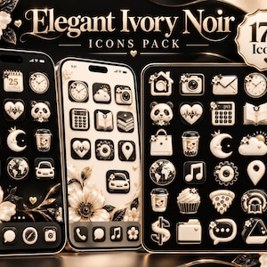 May include: A digital icon pack titled Elegant Ivory Noir Icons Pack featuring 170 icons. The display shows two smartphones and a square grid showcasing various 3D-style app icons in black and ivory with floral accents and gold trim.