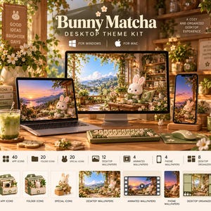 May include: A Bunny Matcha desktop theme kit featuring a computer monitor, laptop, and smartphone displaying nature-themed wallpapers with a white bunny character. Includes icons, wallpapers, and organizers for Windows and Mac systems.