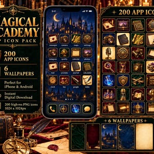May include: A digital app icon pack titled Magical Academy featuring 200 gold and dark-themed icons and 6 wallpapers. The display shows a smartphone screen with themed icons, a grid of various academic and mystical symbols, and six background images.