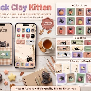 Può includere: Un pacchetto di temi digitali intitolato Black Clay Kitten che include 160 icone di app, 22 sfondi e 18 widget statici per iOS e Android. L'immagine mostra due smartphone con interfacce a tema gattino, vari set di icone e widget in colori pastello.