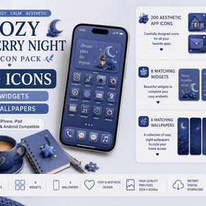 Może przedstawiać: Cyfrowy pakiet ikon aplikacji o nazwie Cozy Blueberry Night zawierający 200 ikon, 8 widżetów i 6 tapet w odcieniach niebieskiego. Obraz przedstawia smartfon z niestandardowym ekranem głównym, niebieską filiżankę kawy, notatnik i latarnię.