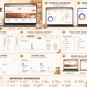 Könnte beinhalten: Eine digitale Finanzverwaltungsanwendung namens Cozy Coffee Finance Premium mit Dashboard, Budgetplaner, Finanzberichten, Sparzielen und Kalender. Die Benutzeroberfläche zeigt Diagramme, Transaktionslisten und Informationen zur Gerätekompatibilität.