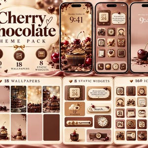 May include: A Cherry Chocolate theme pack for mobile devices featuring 160 icons, 18 wallpapers, and 8 static widgets. The design displays brown and cream color palettes with imagery of chocolate-covered cherries, cupcakes, and cakes.