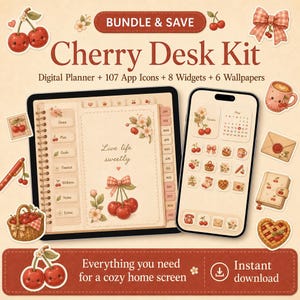 Cherry Cottage Desk Kit Bundle | Digital Planner + 107 App Icons + Widgets, Wallpapers | iPhone, iPad, Android