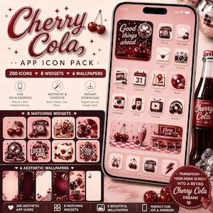 May include: A digital app icon pack titled Cherry Cola featuring 200 icons, 8 widgets, and 6 wallpapers. The display shows a smartphone screen with a pink and dark red color scheme, retro-themed icons, and cherry motifs for iOS and Android.