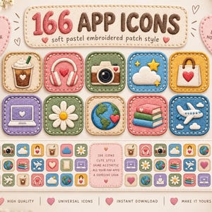 Puede incluir: Una colección digital de 166 iconos de aplicaciones con un estilo de parche bordado en tonos pastel suaves. Los iconos muestran varios símbolos, incluyendo una taza de café, auriculares, cámara, nube, bolsa de compras, portátil, flor, globo, libros.