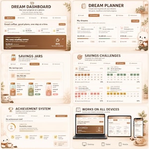 May include: A digital dream planner interface featuring a dashboard, savings jars, challenges, and achievement system. The layout includes text headers like Dream Dashboard, Dream Planner, Savings Jars, and Works on All Devices, displayed across laptop, tablet, and mobile screens with a warm brown color palette and cartoon rabbit illustrations.