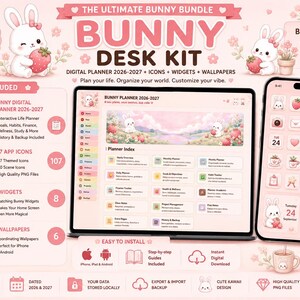 May include: A digital desk kit featuring a bunny theme with a 2026-2027 planner, 107 app icons, 8 widgets, and 6 wallpapers. The set includes a tablet and smartphone display showing pink-toned interfaces with bunny and strawberry graphics.